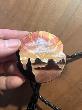 Vintage Bennett Enameled Bolo Tie Sunrise over Mountains signed JED